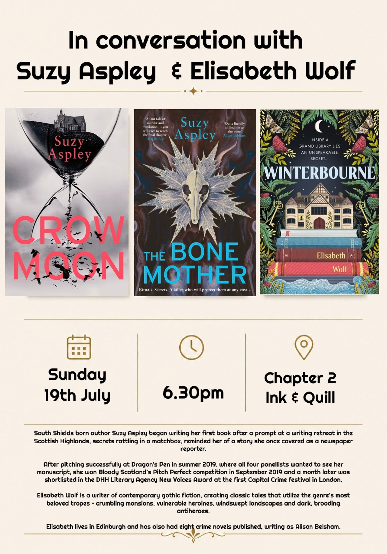 Suzy Aspley & Elisabeth Wolf- author talk, gothic thriller