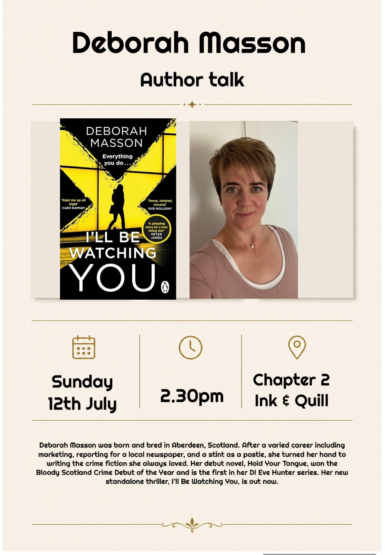 Deborah Masson, author talk, crime thriller